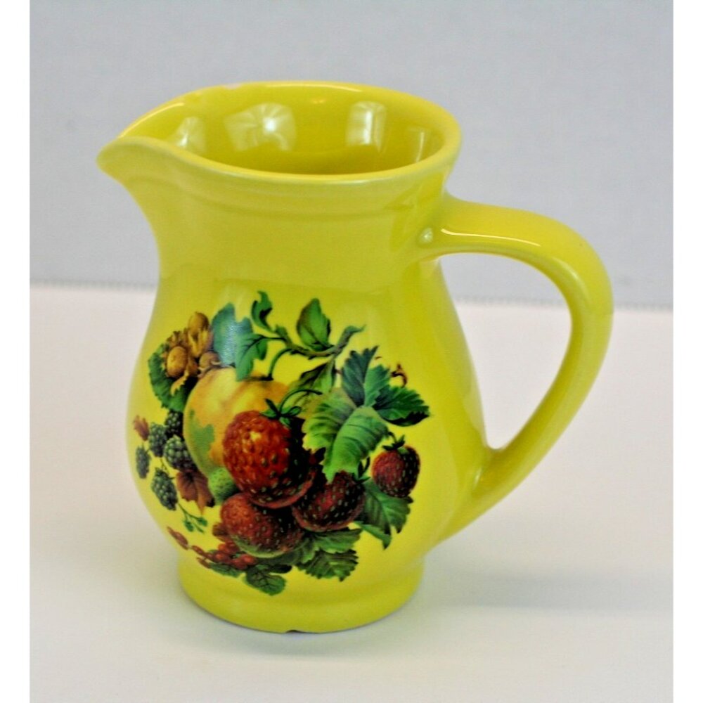 VTG Hyalyn Pottery #906 Yellow Mini Pitcher Strawberry Fruit USA Creamer 4 oz.